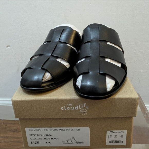 Madewell The Dixson Fisherman Mule Flats True Black Leather Sz 7.5 NEW - Picture 1 of 16